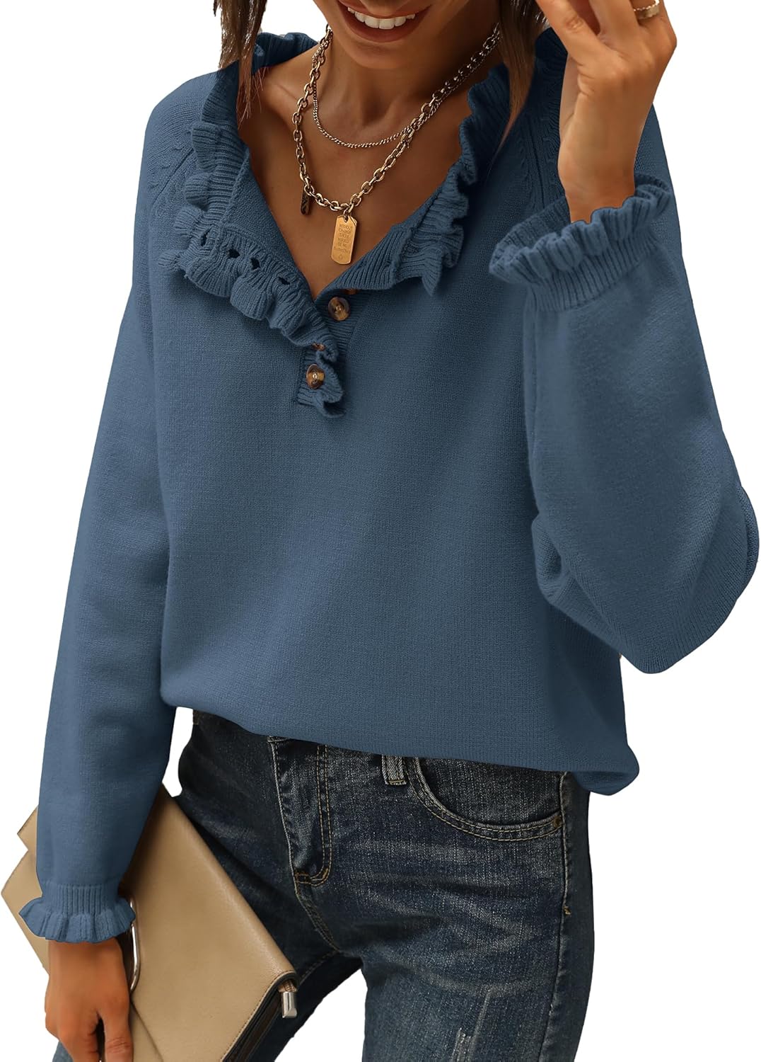 CLEARANCE SALE🔥Ruffle Trim Casual Knit Pullover Tops﻿(Buy 2 Free Shipping)-tidenox