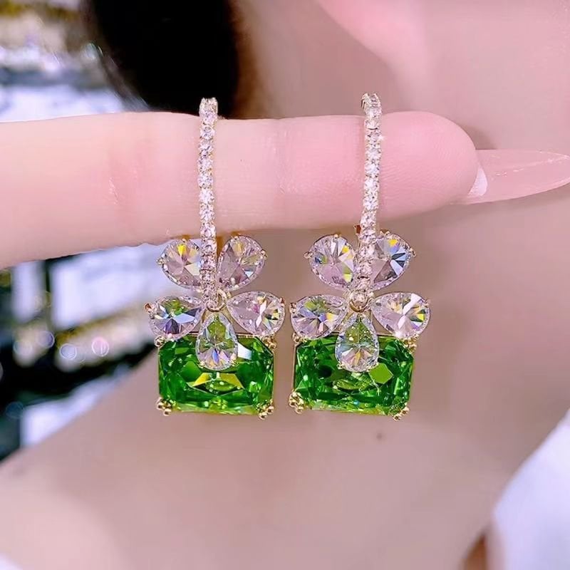 Green Flower Crystal Earrings-tidenox