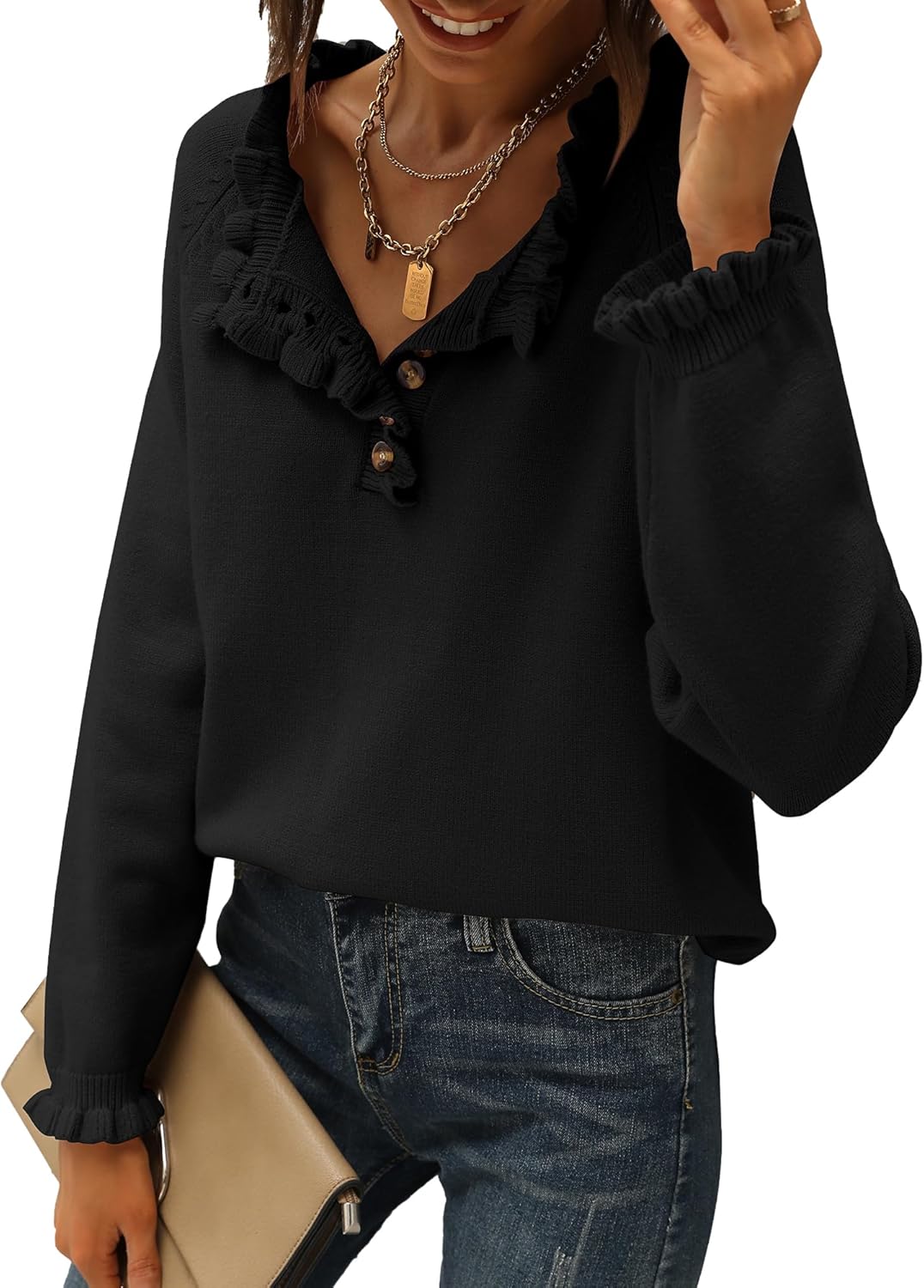 CLEARANCE SALE🔥Ruffle Trim Casual Knit Pullover Tops﻿(Buy 2 Free Shipping)-tidenox