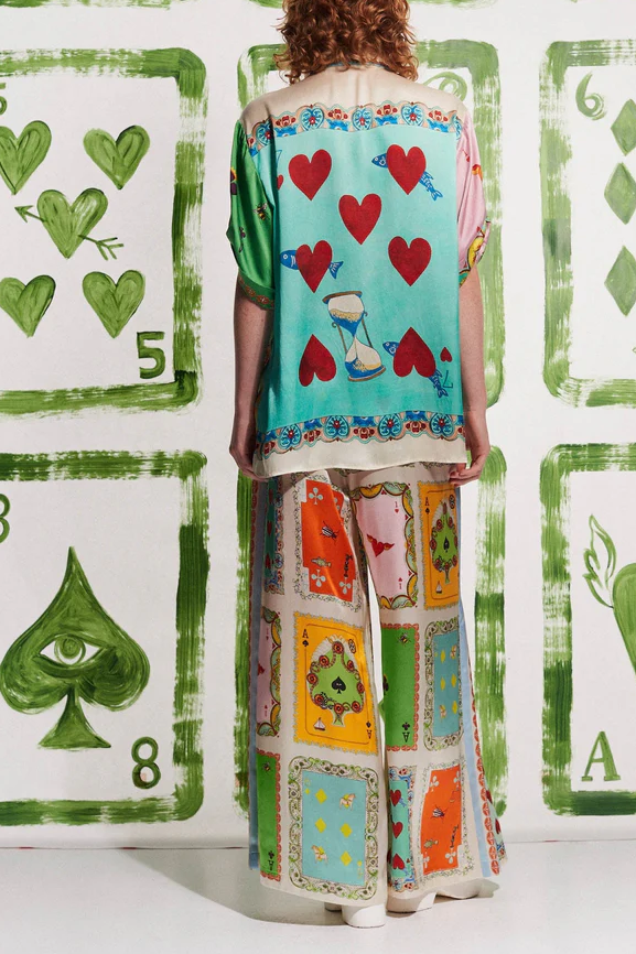 Funny Poker Summer Satin Unique Print Button Down Oversized Blouse-tidenox