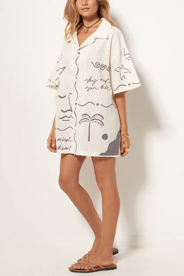 Free and True Linen Blend Hand-painted Print Blouse and Pocketed Shorts Set-tidenox
