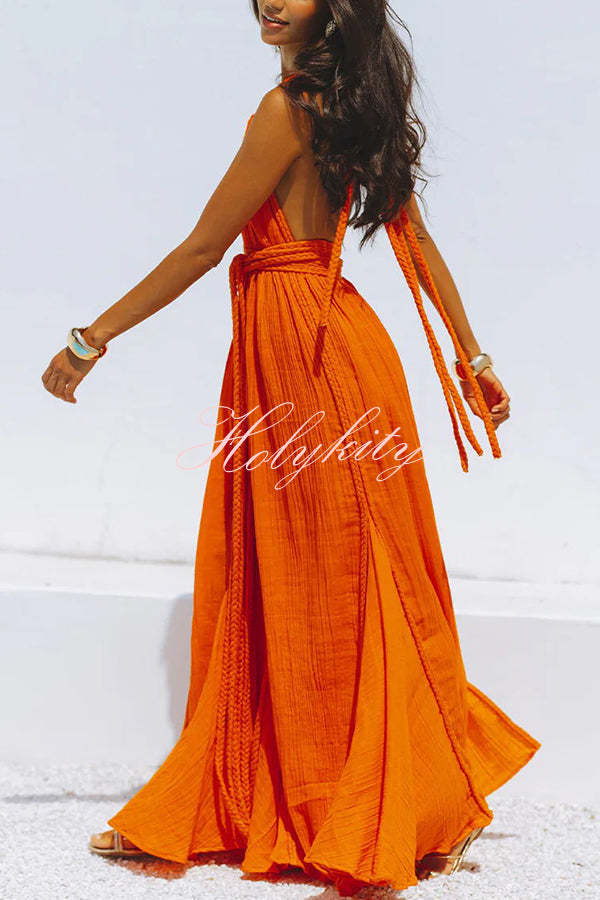 Summer Whispers Linen Blend Draped Braids Deep V-neck Halter Backless Cover Up Maxi Dress-tidenox