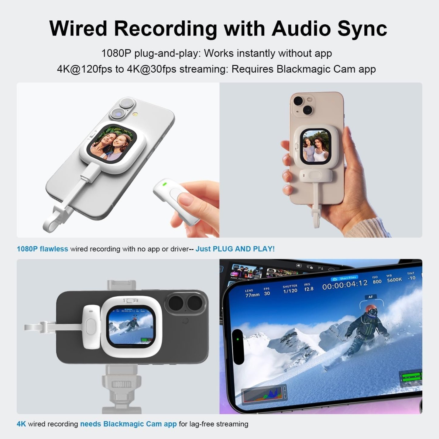 Vlogmate Mini Vlog Selfie Monitor Screen for iPhone, Wired Back Camera Monitor with Bluetooth Remote