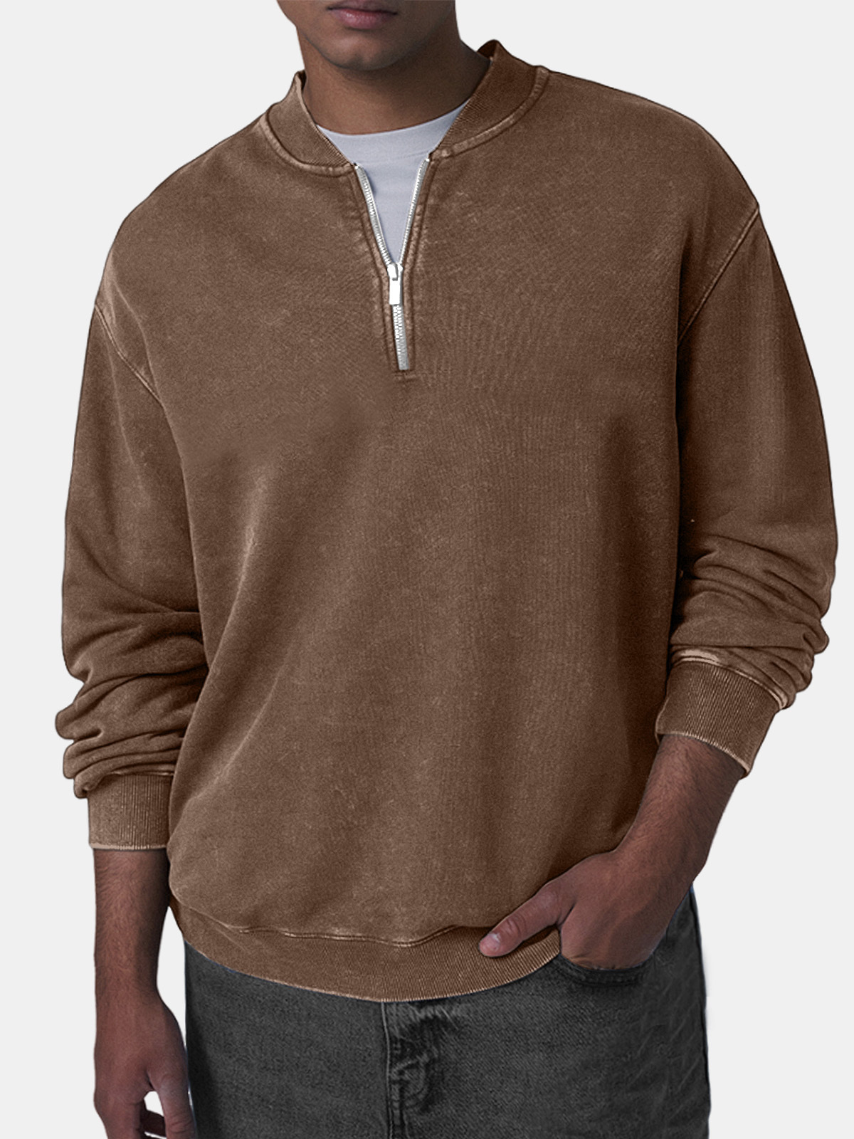 Men's Retro Casual Baseball Collar Zip Long Sleeve Top-tidenox