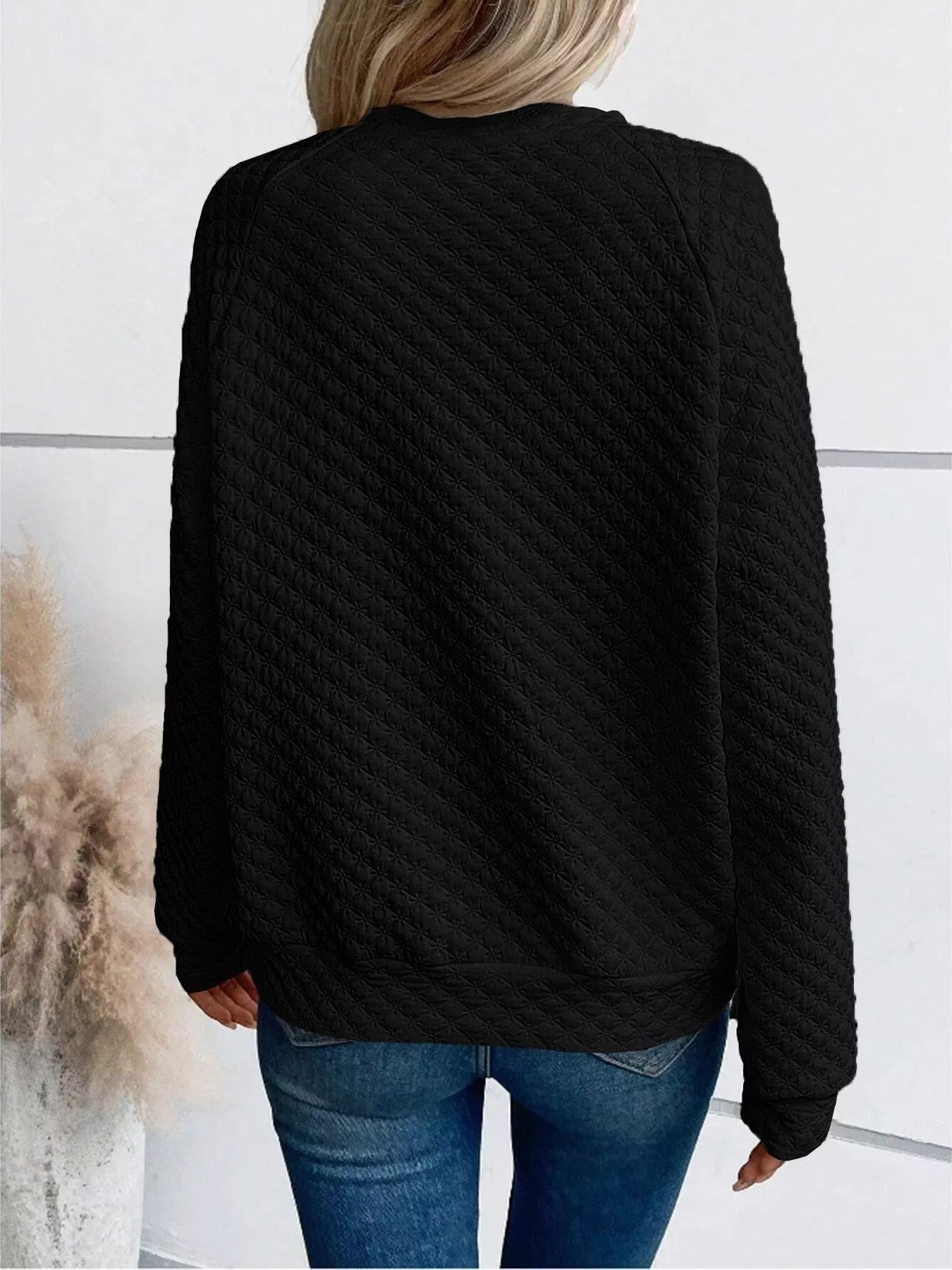 Textured Notched Raglan Sleeve Sweatshirt-tidenox