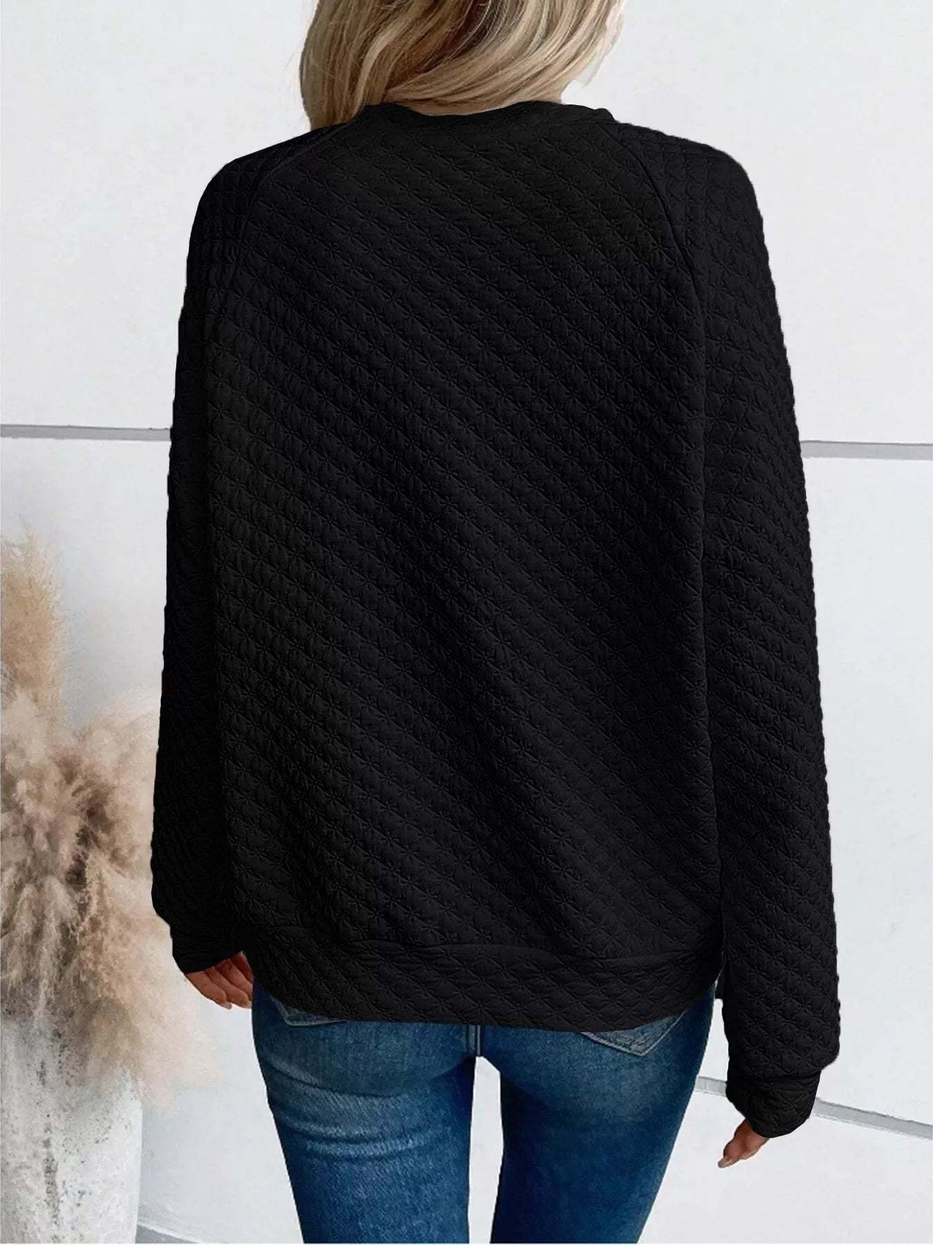 Textured Notched Raglan Sleeve Sweatshirt-tidenox