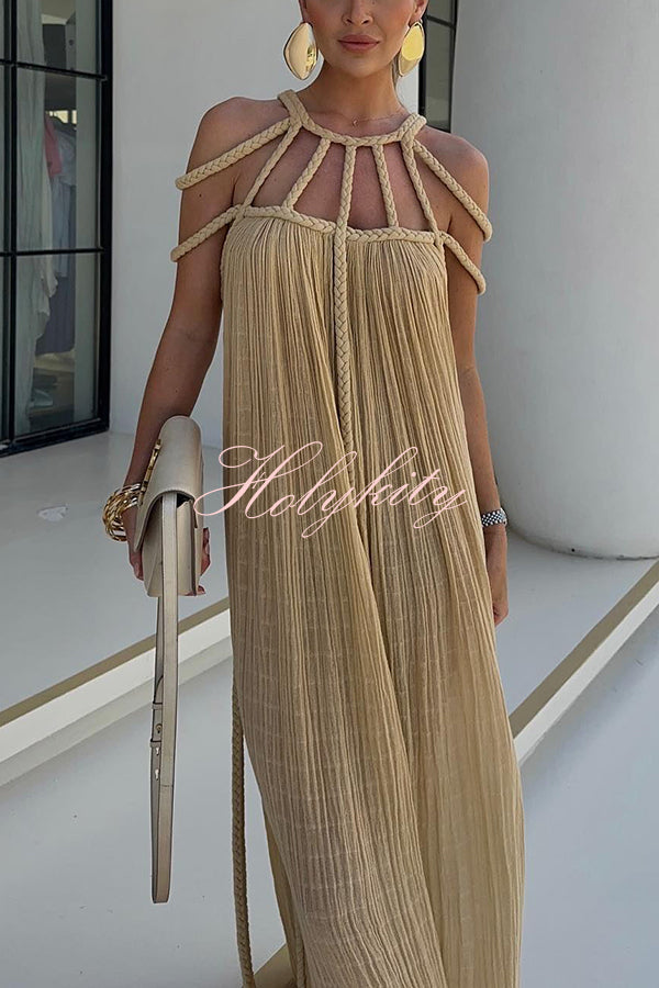 Modern and Sophisticated Linen Blend Draped Braids Cover Up Maxi Dress-tidenox