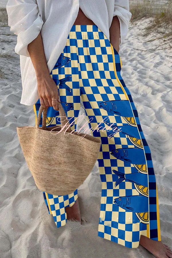 Unique Marine Print Elastic Waist Loose Pocket Pants-tidenox