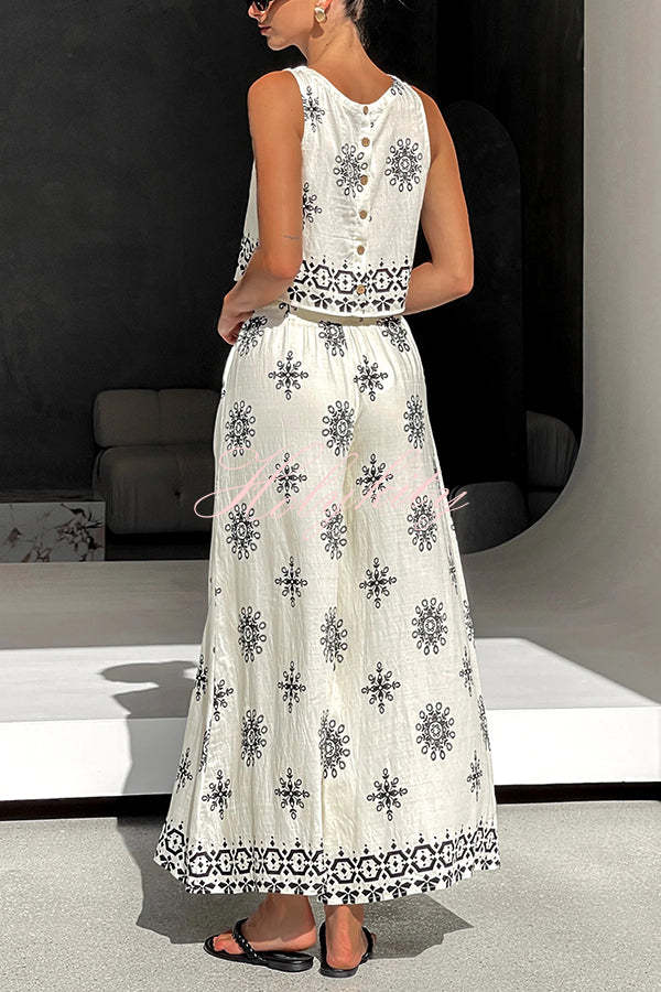 Unique Printed Round Neck Sleeveless Button Top and Elastic Waist Pocket Wide Leg Pants Set-tidenox