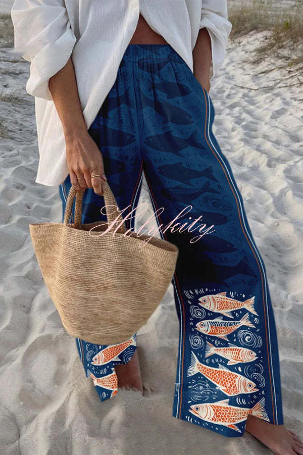 Unique Marine Print Elastic Waist Loose Pocket Pants-tidenox