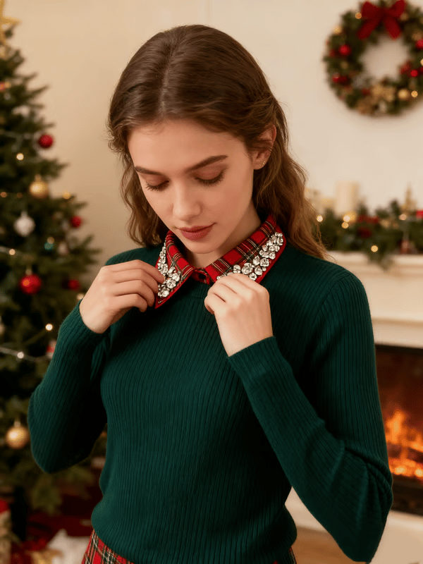 🔥Red Christmas Plaid Rhinestone Collar-tidenox