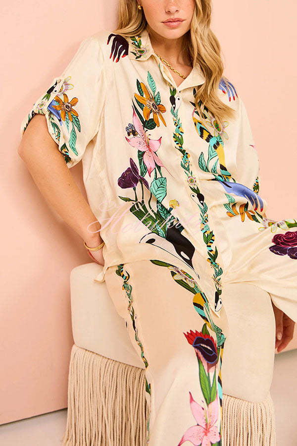 Modern Sophisticated Feel Satin Unique Print Button Down Oversized Blouse-tidenox