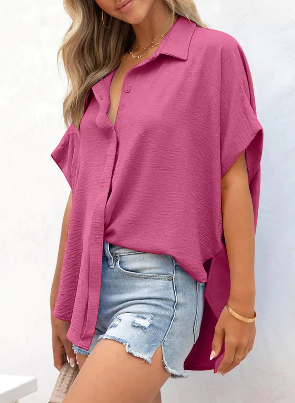 🧥Women's Casual Button Short Sleeve Slit Hem Shirt Solid Color Tops-tidenox