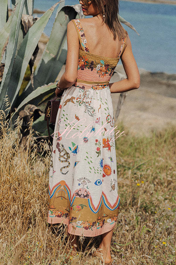 Summer Vibes Linen Blend Unique Print Smocked Belt Midi Dress-tidenox