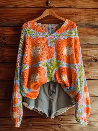 Women's Vintage Floral Tattoo Pattern Art Print Casual Pullover Sweater-tidenox