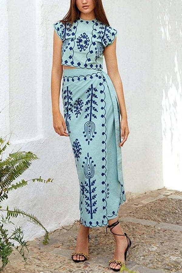 Rima Linen Blend Ethnic Print Crop Top & Tire-up Wrap Midi Skirt Set-tidenox
