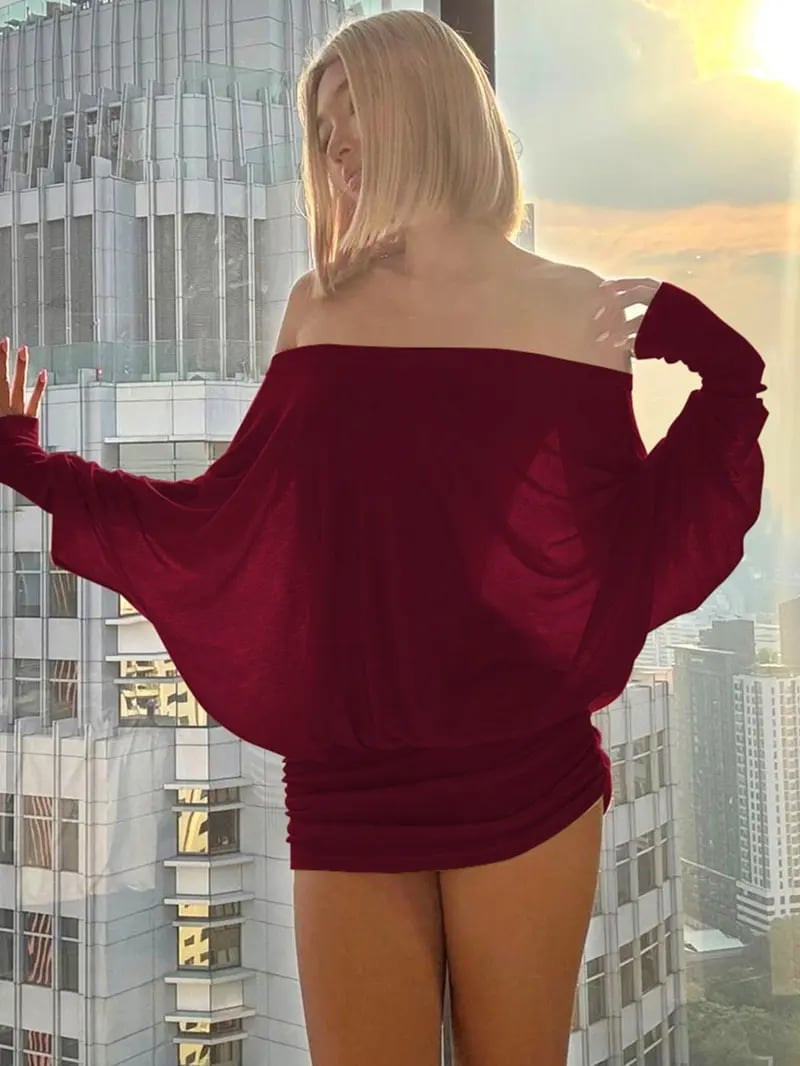 Product Introduction of Women's Solid Off The Shoulder Sheer Ruched Dress, Fashion Casual Long Sleeve Mini Dress for Party Club Holiday, Women Dress for Spring & Fall, Longsleeves, Womenswear, Sneaky Peek Dress 4