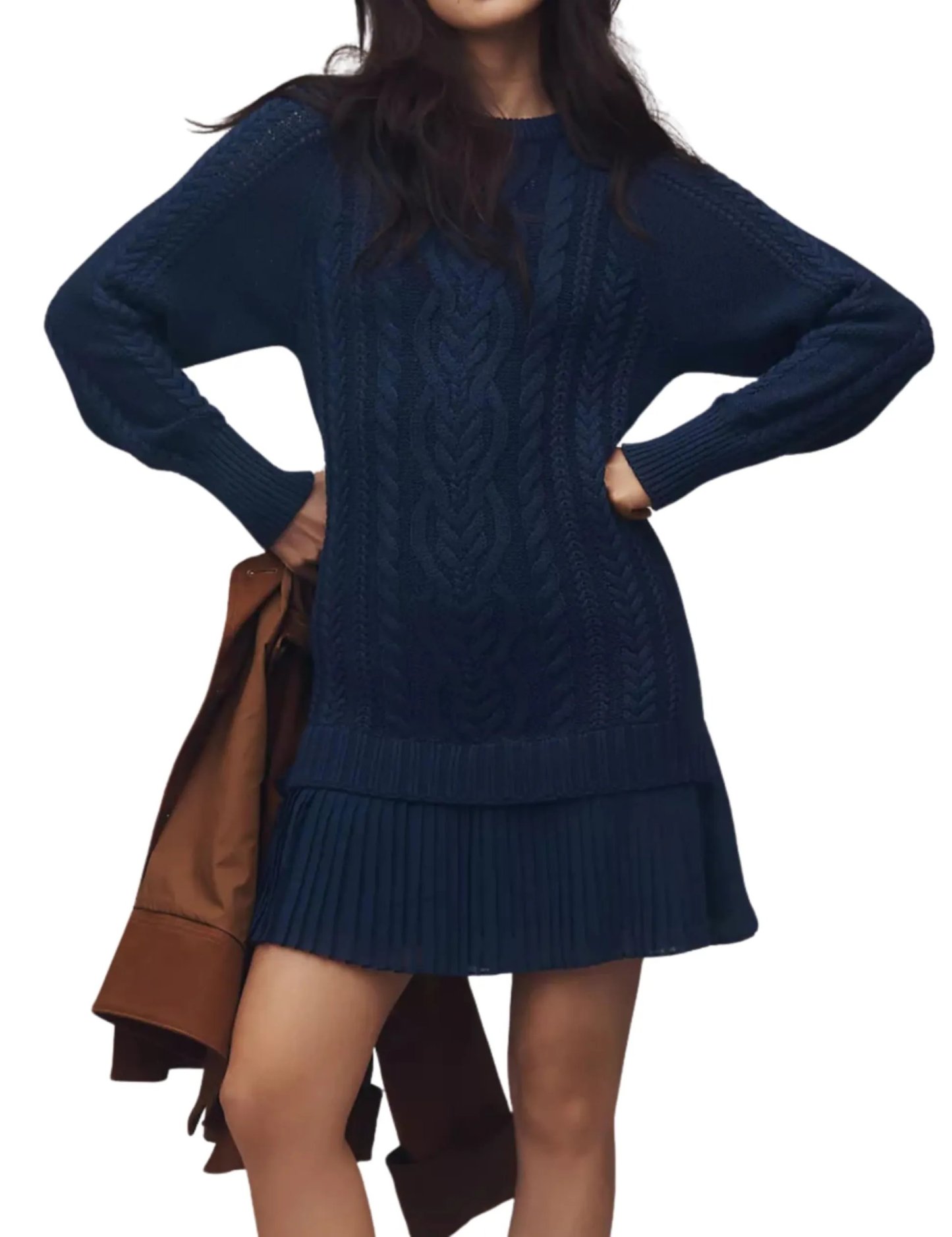 Women Crewneck Cable Knit Sweater Mini Dress (Buy 2 Free Shipping)-tidenox