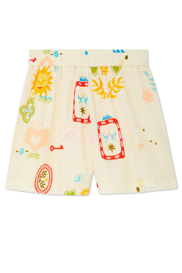 Funny Vacation Unique Printed Long Sleeve Shirt and Elastic Waist Pocket Loose Shorts Set-tidenox