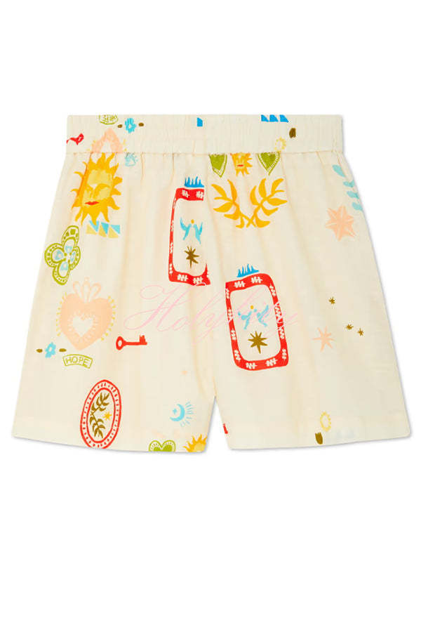 Funny Vacation Unique Printed Long Sleeve Shirt and Elastic Waist Pocket Loose Shorts Set-tidenox