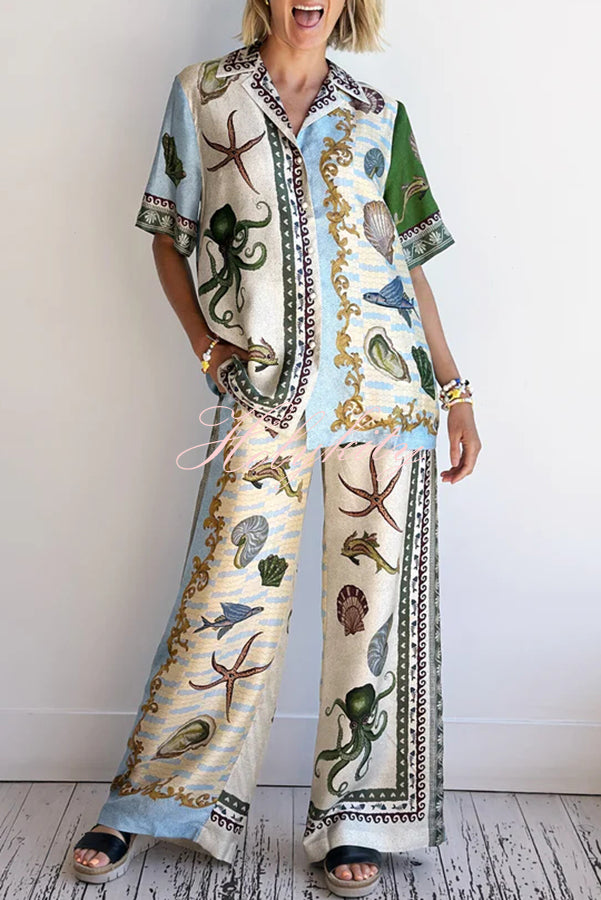 Deep Sea Dreaming Satin Unique Print Short Sleeve Shirt and Elastic Waist Pocketed Pants Set-tidenox