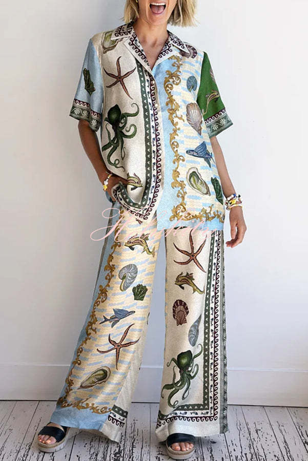 Deep Sea Dreaming Satin Unique Print Short Sleeve Shirt and Elastic Waist Pocketed Pants Set-tidenox