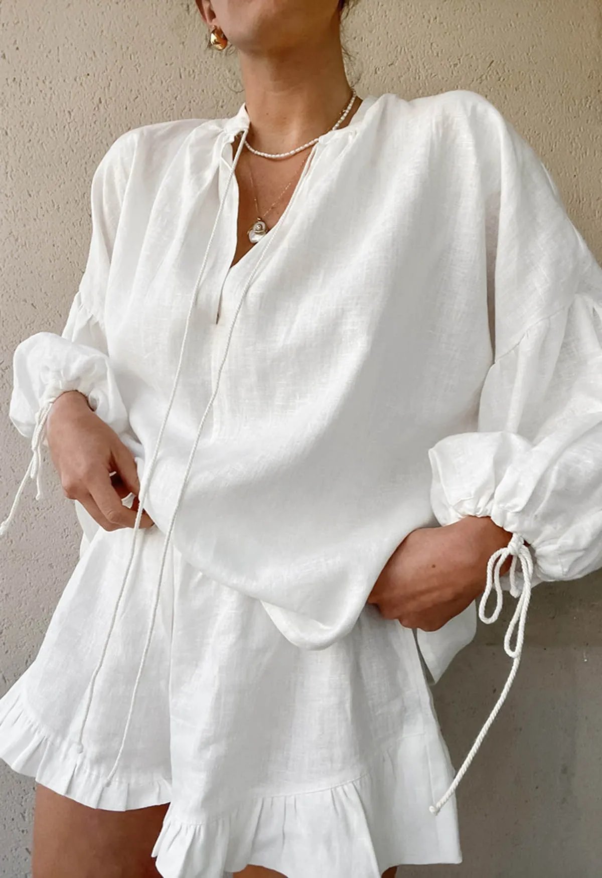 Women's Lantern Sleeve Drawstring Shirt and Shorts Set-tidenox