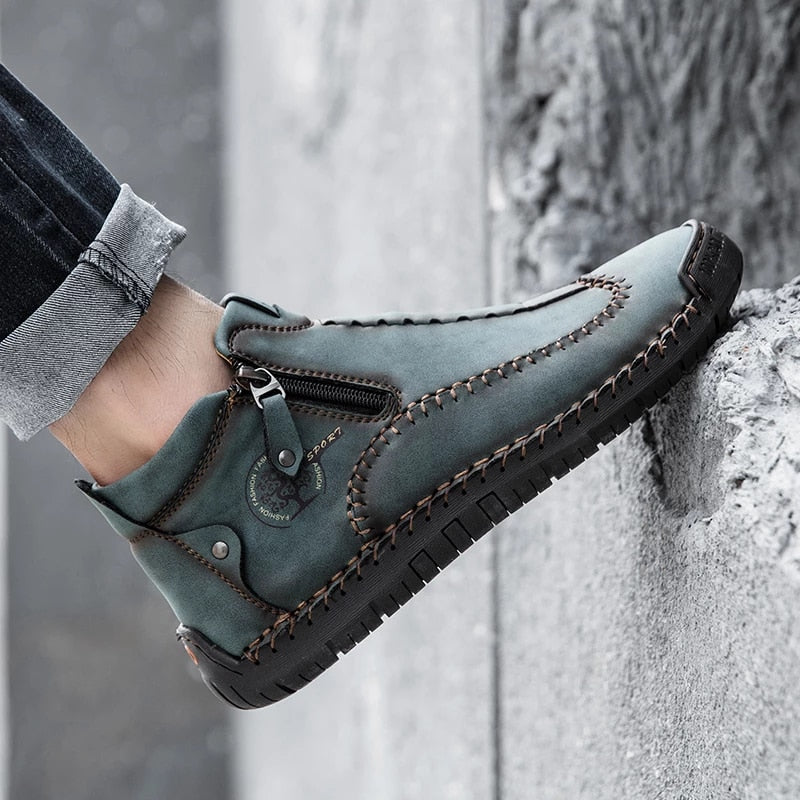 Zipper Plush Ankle Leather Orthopedic Shoes For Men Nonslip Boots-tidenox