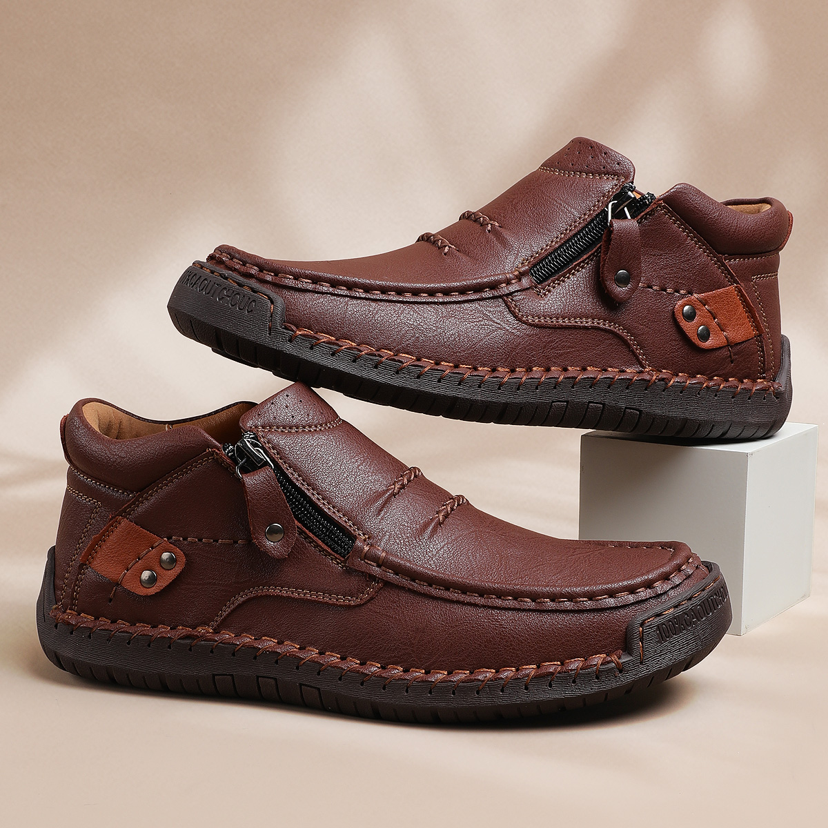 ⏰Limited Time Sale 70% OFF-Men’s Handmade Premium Leather Slip-On Driving Boots – Wide Toe, Arch Support, Waterproof