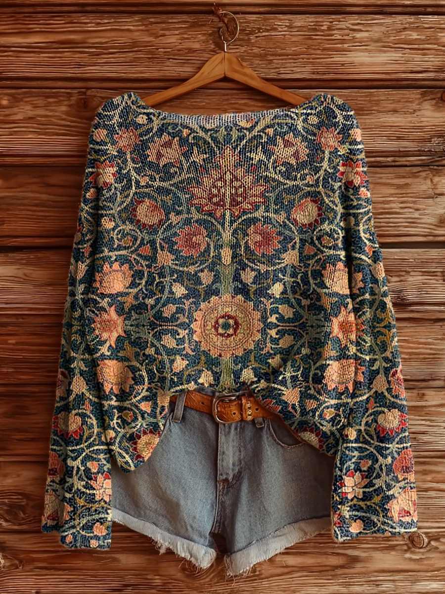 Women's Retro Ethnic Totem Flower Art Print Casual Pullover Sweater-tidenox