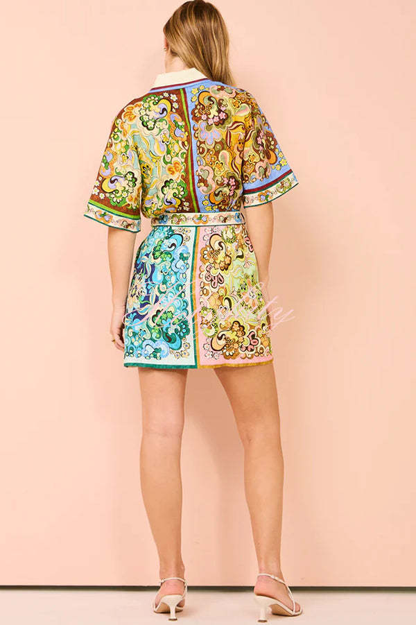 Sasha Linen Blend Unique Printed Shirt Style Tie-waist Mini Dress-tidenox