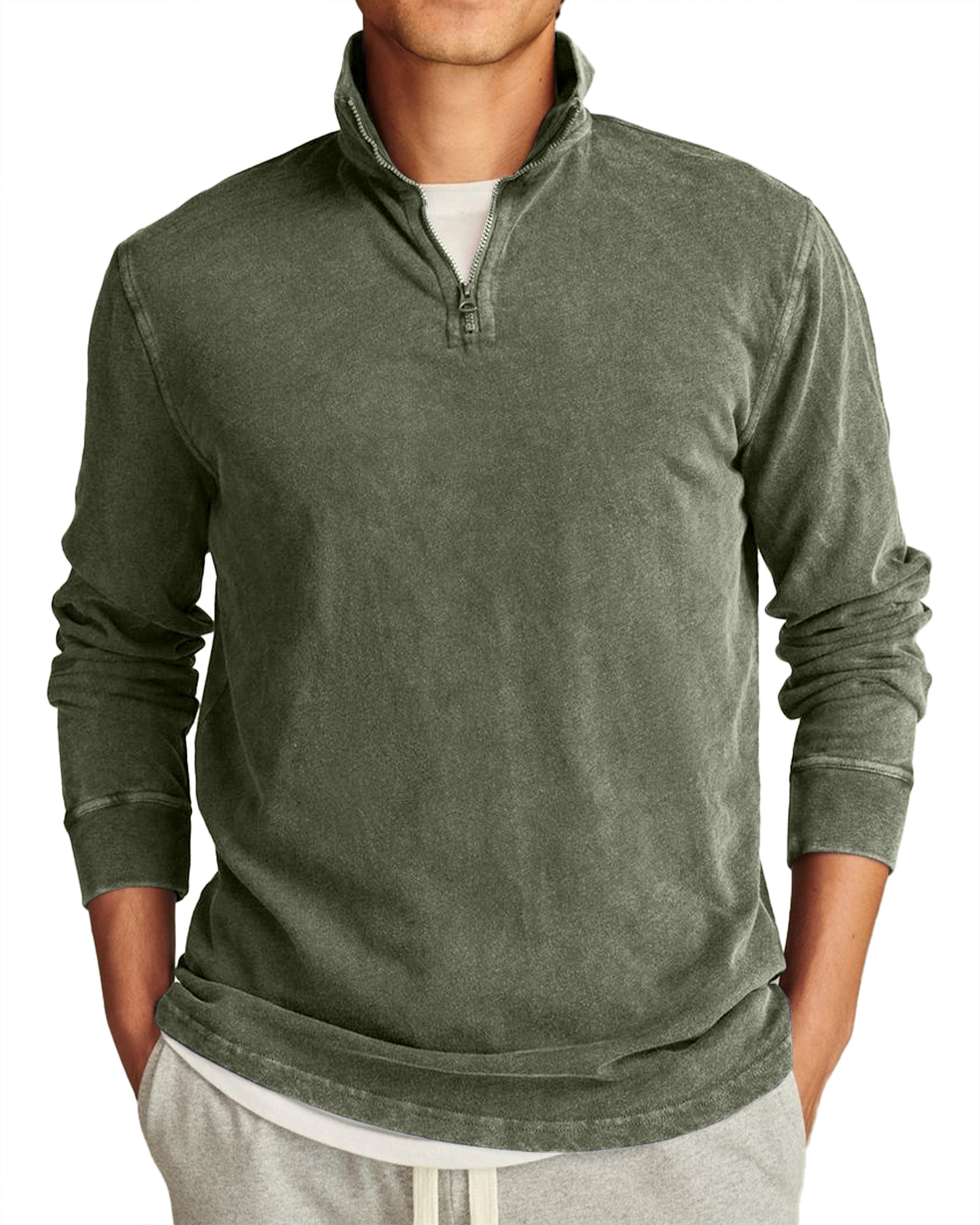 Men's Retro Casual Stand Collar Half-Zip Solid Color Long Sleeve T-Shirt-tidenox