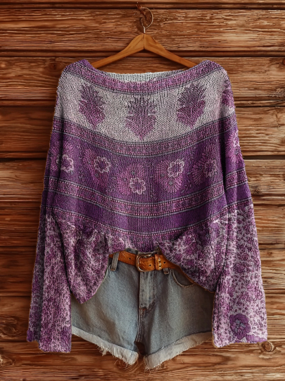 Women's Vintage Ethnic Floral Art Print Casual Pullover Sweater-tidenox