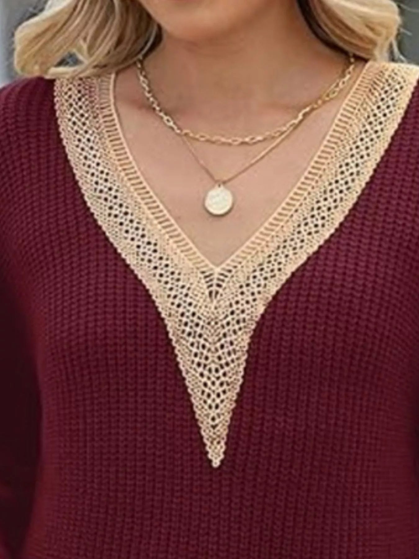 Openwork V-Neck Long Sleeve Sweater-tidenox