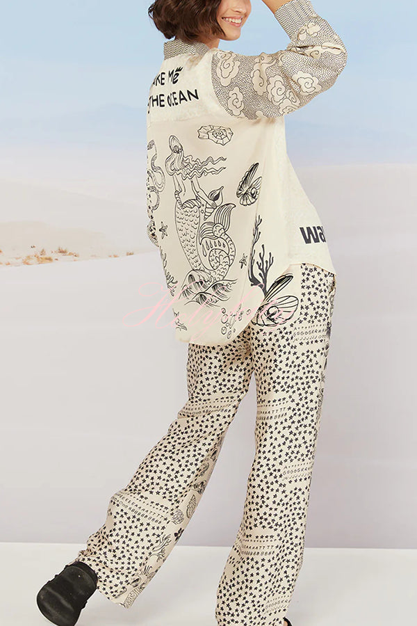Take Me To The Ocean Satin Unique Print Long Sleeve Shirt and Elastic Waist Pocketed Pants Set-tidenox