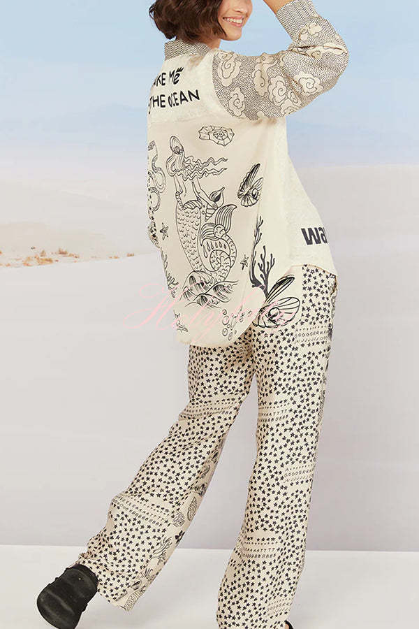 Take Me To The Ocean Satin Unique Print Long Sleeve Shirt and Elastic Waist Pocketed Pants Set-tidenox