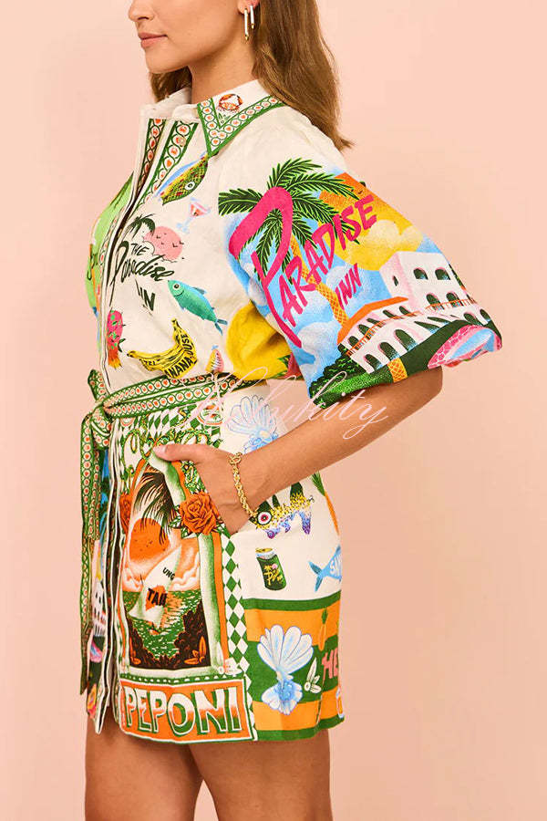 Summer Sophistication Linen Blend Unique Print Belted Pocket Shirt Mini Dress-tidenox