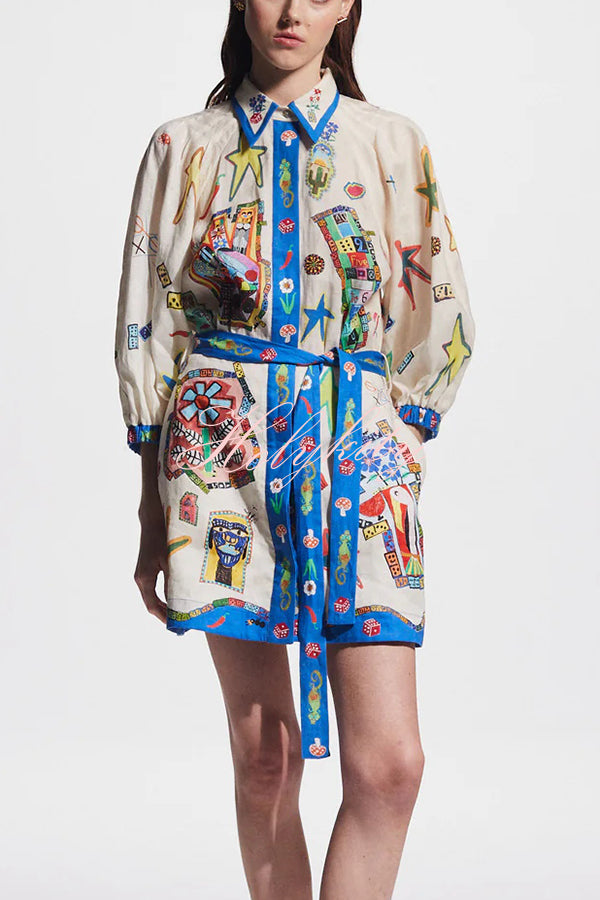 Linen Blend Unique Printed Balloon Sleeve Pocket Tie Waist Mini Dress-tidenox