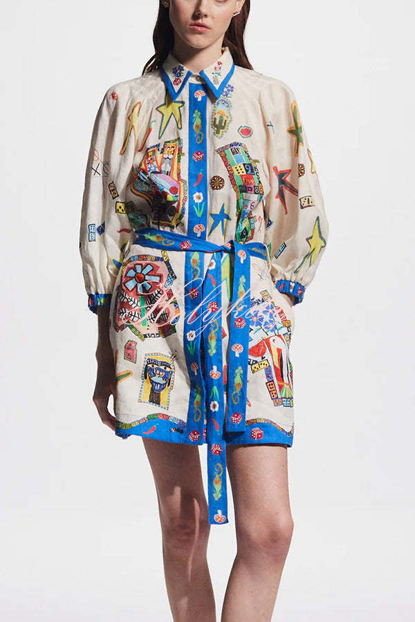 Linen Blend Unique Printed Balloon Sleeve Pocket Tie Waist Mini Dress-tidenox