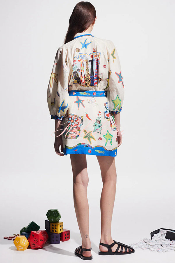 Linen Blend Unique Printed Balloon Sleeve Pocket Tie Waist Mini Dress-tidenox