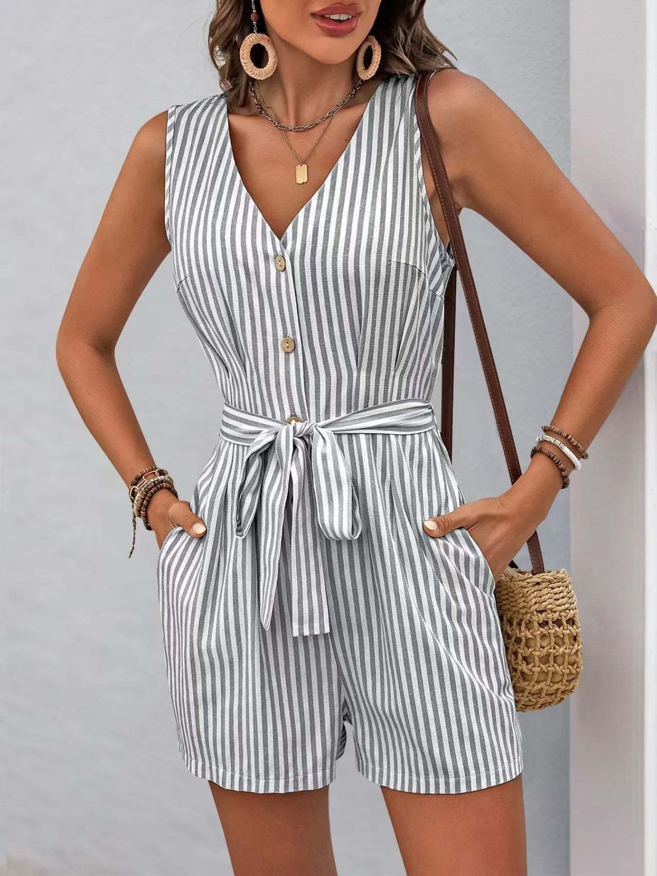 Striped V-neck Button Front Belted Romper-tidenox