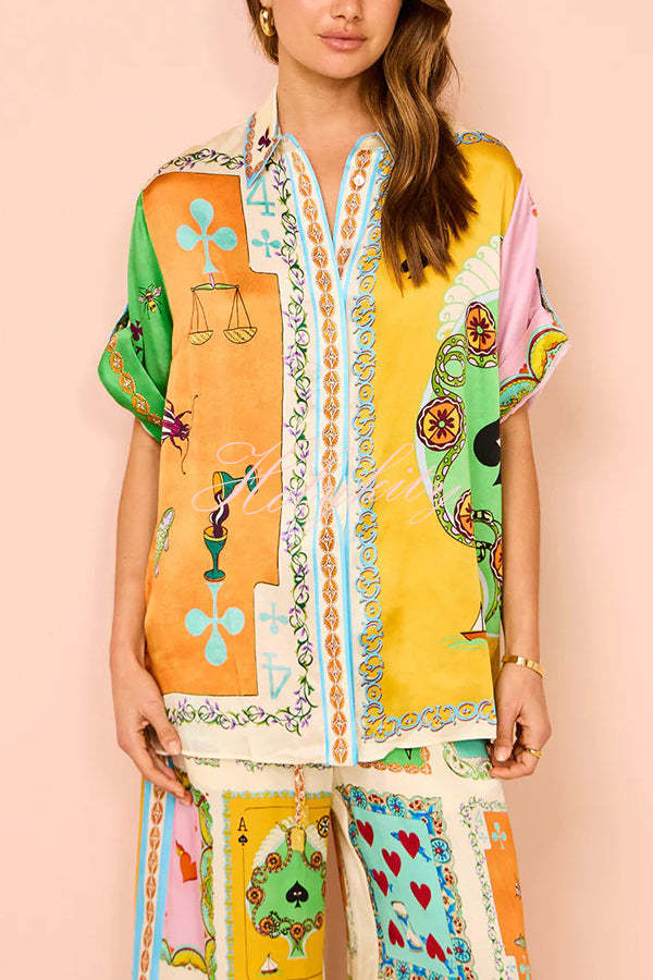 Funny Poker Summer Satin Unique Print Button Down Oversized Blouse-tidenox