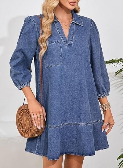 V-Neck Denim Dress — Where Comfort Meets Classic Style-tidenox
