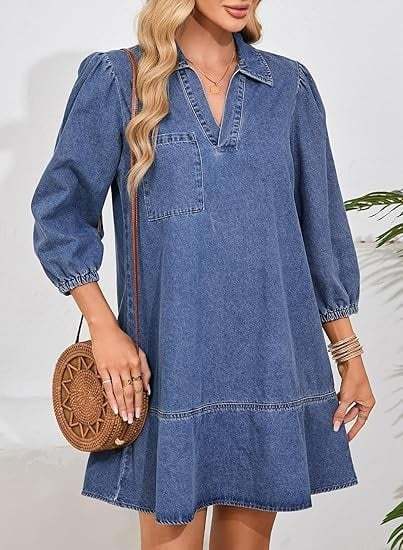 V-Neck Denim Dress — Where Comfort Meets Classic Style-tidenox
