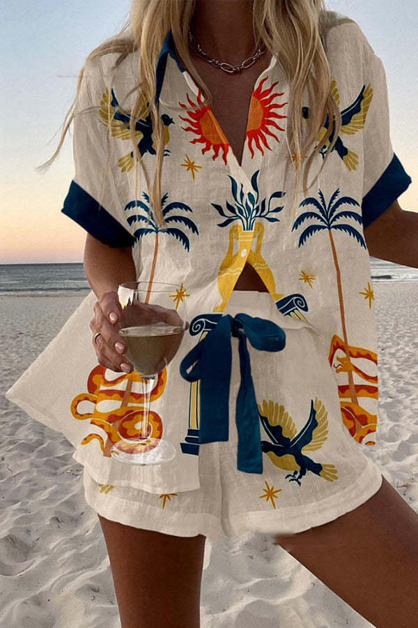 Holiday Print Loose Button Elastic Waist Shorts Set-tidenox