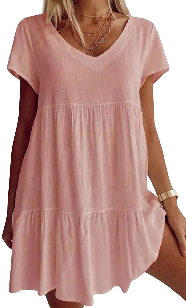 Plus Size Cotton-Blend V Neck Casual Short Sleeve Weaving Dress-tidenox