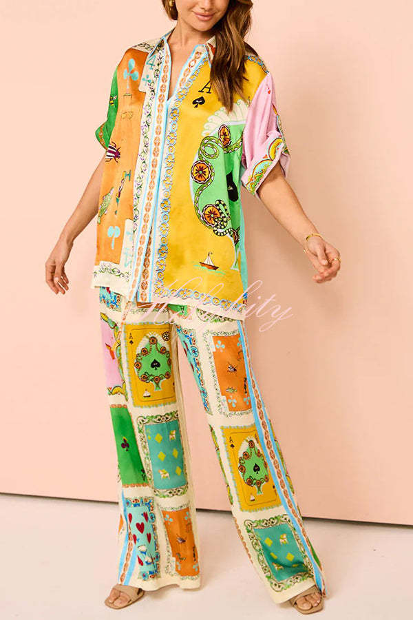 Funny Poker Summer Satin Unique Print Elastic Waist Pocketed Wide Leg Pants-tidenox