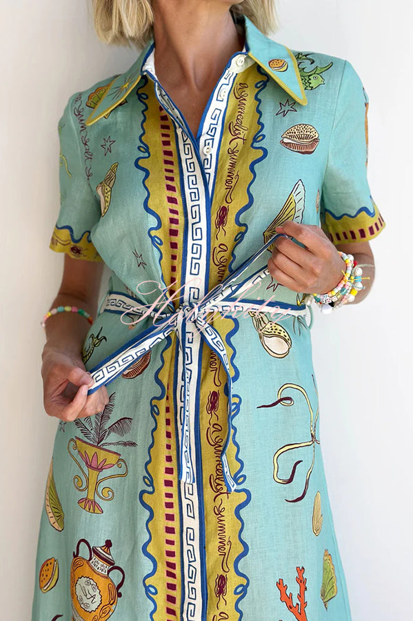 Deep Sea Dreaming Linen Blend Unique Print Short Sleeve Tie-up Shirt Maxi Dress-tidenox