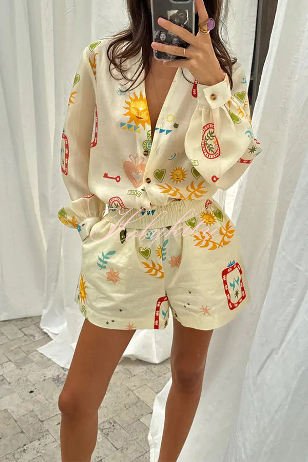 Funny Vacation Unique Printed Long Sleeve Shirt and Elastic Waist Pocket Loose Shorts Set-tidenox