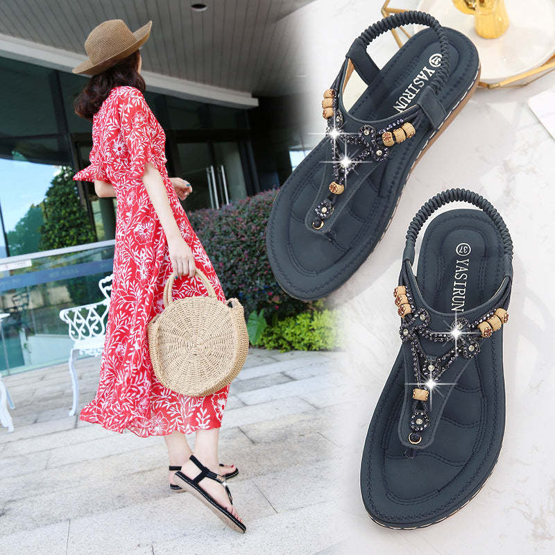 Women Fashion Crystal Bead Flat Sandals-tidenox